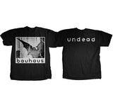 black unisex tee with white print bela lugosi with bat wings print on back says undead