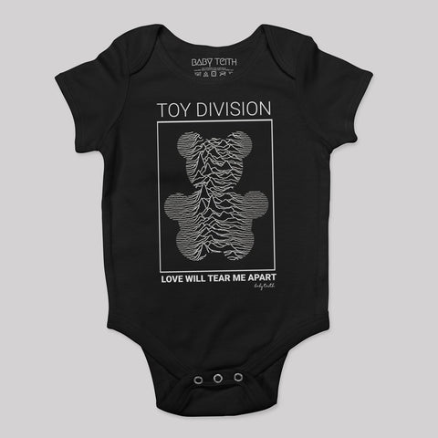 black onesie says Toy Division bear with love will tear me apart joy division inspiration