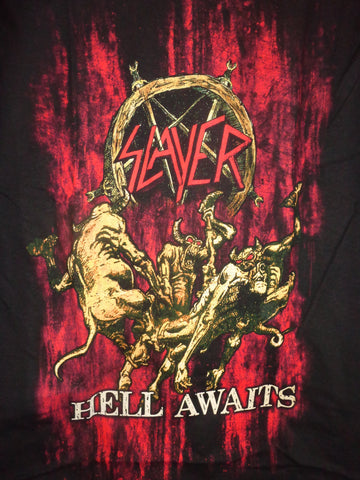 Slayer Hell Awaits black tee with devils dancing graphic
