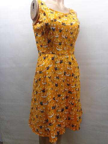 orange a line skater dress with jack o lanterns and black kitties print glow in the dark