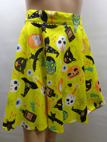 yellow a-line skater skirt with vintage inspired masks print