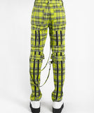 Lime plaid bondage pants with zippers and straps