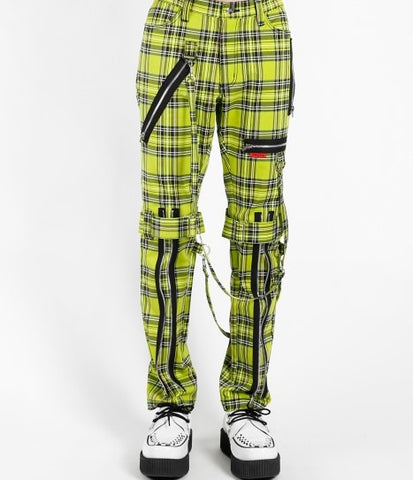 Lime plaid bondage pants with zippers and straps