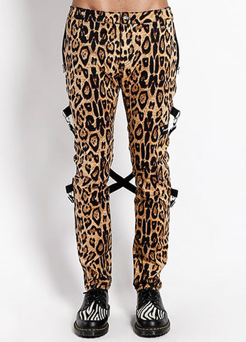leopard bondage pants straps and zippers