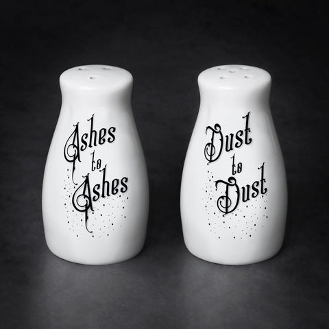 white salt and pepper shakers ashes to ashes dust to dust