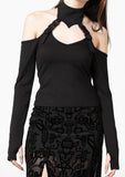 black long sleeved top with thumb holes statement collar with keyhole neckline with metal buckles