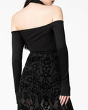 halter collar around back of neck with no upper back fabric as the top is cold shoulder