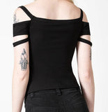 black fitted stretchy top with strappy sleeve detailing
