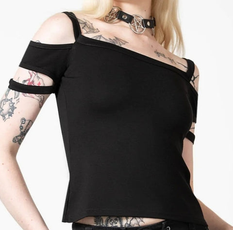 black fitted stretchy top with sleeve detailing