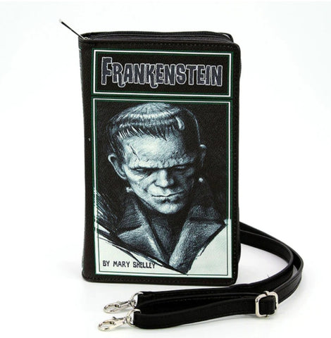 Frankenstein print black vinyl book bag wristlet crossbody bag
