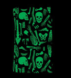 Black vinyl wallet with glow in the dark skeleton parts print glows green