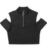 black stretch fabric with black mesh inserts and cold shoulder details. Zip front with xl mercury pendant zipper pull