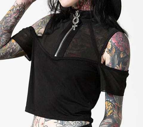 black stretch fabric with black mesh inserts and cold shoulder details. Zip front with xl mercury pendant zipper pull