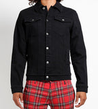 black denim jacket with button down front 2 chest pockets and 2 side pockets