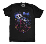 black tee with two characters playing on a pentagram