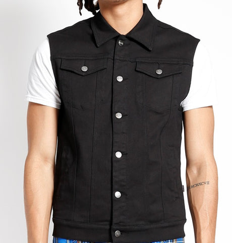 slim fit black denim vest with button closure chest pockets and side hand pockets