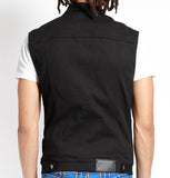 slim fit black denim vest back with Trash and Vaudeville branding